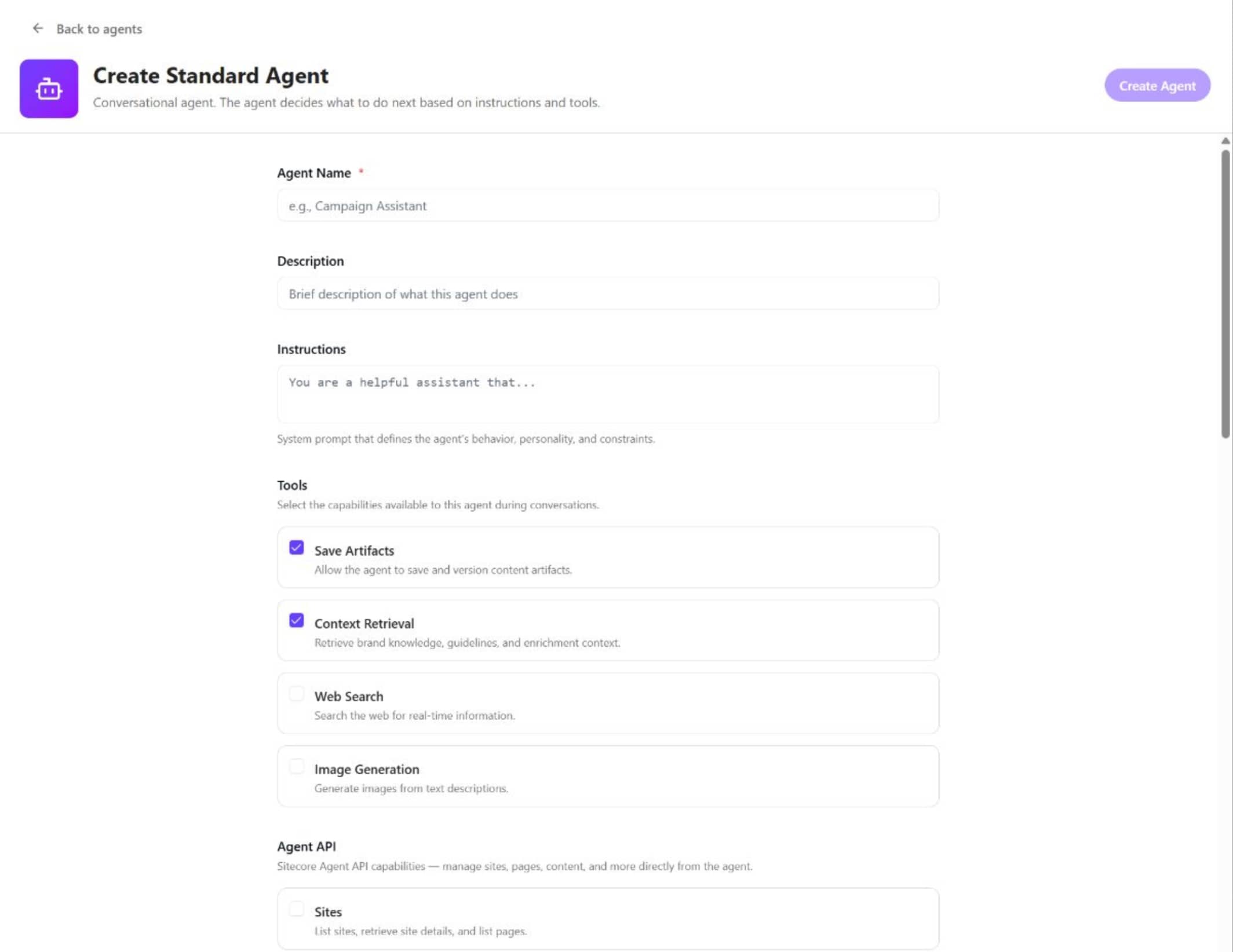 Create Agent page in SitecoreAI