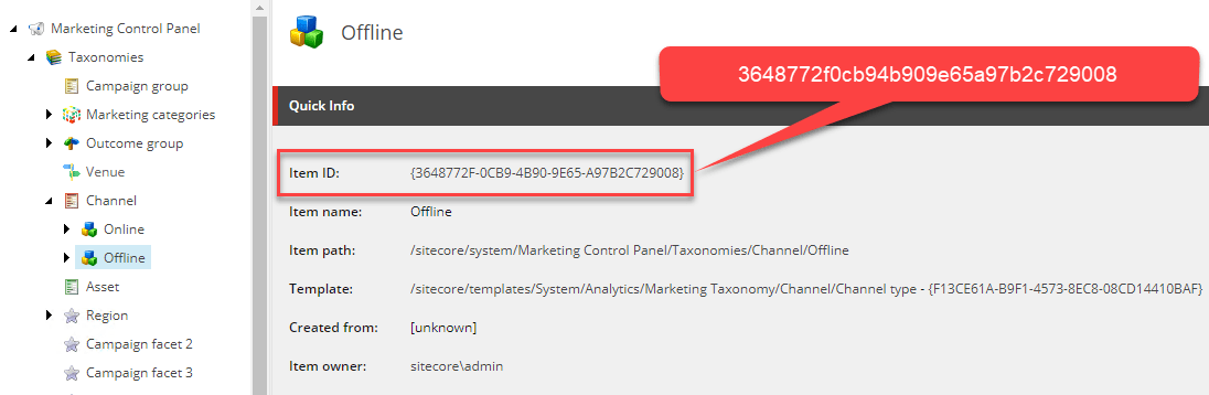 Offline channel item in marketing control panel taxonomy