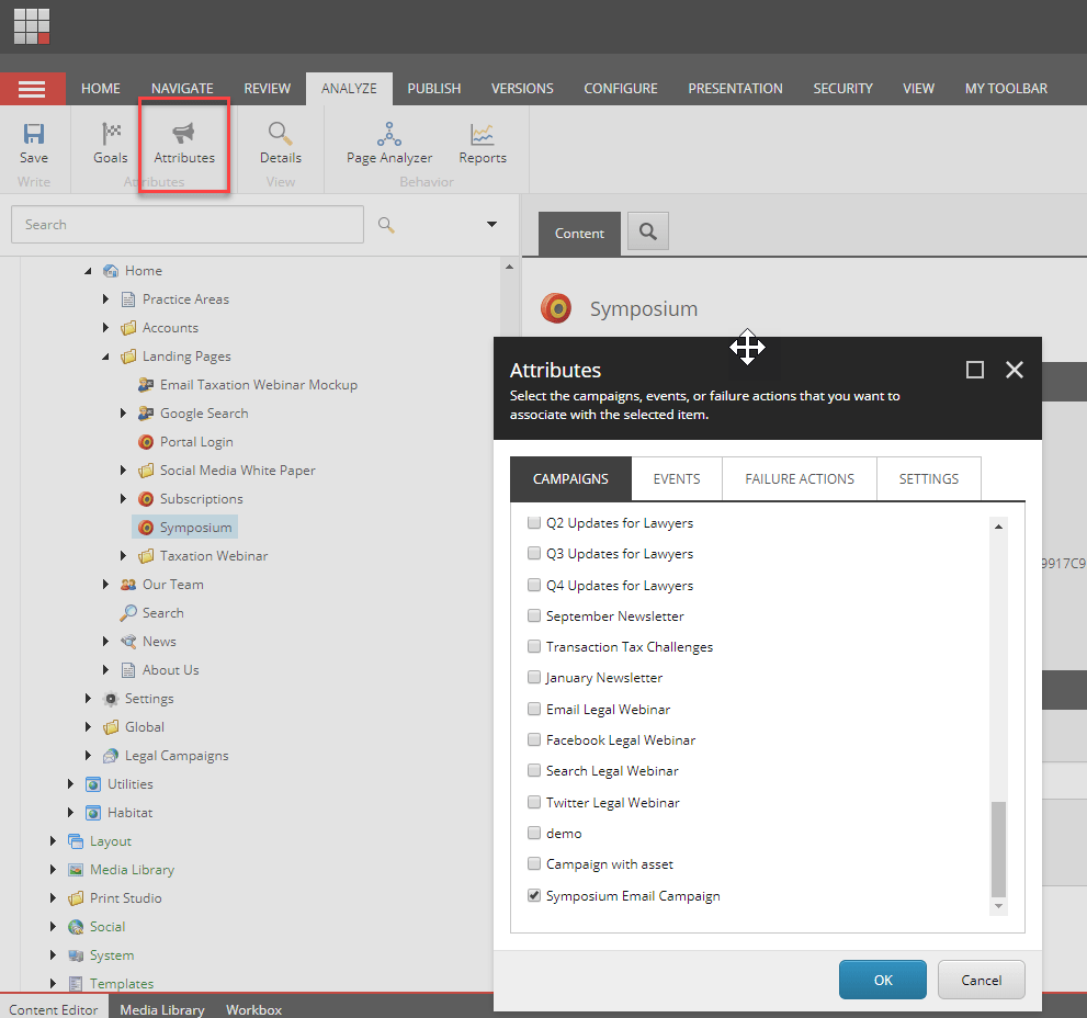 Sitecore campaign associated to landing page