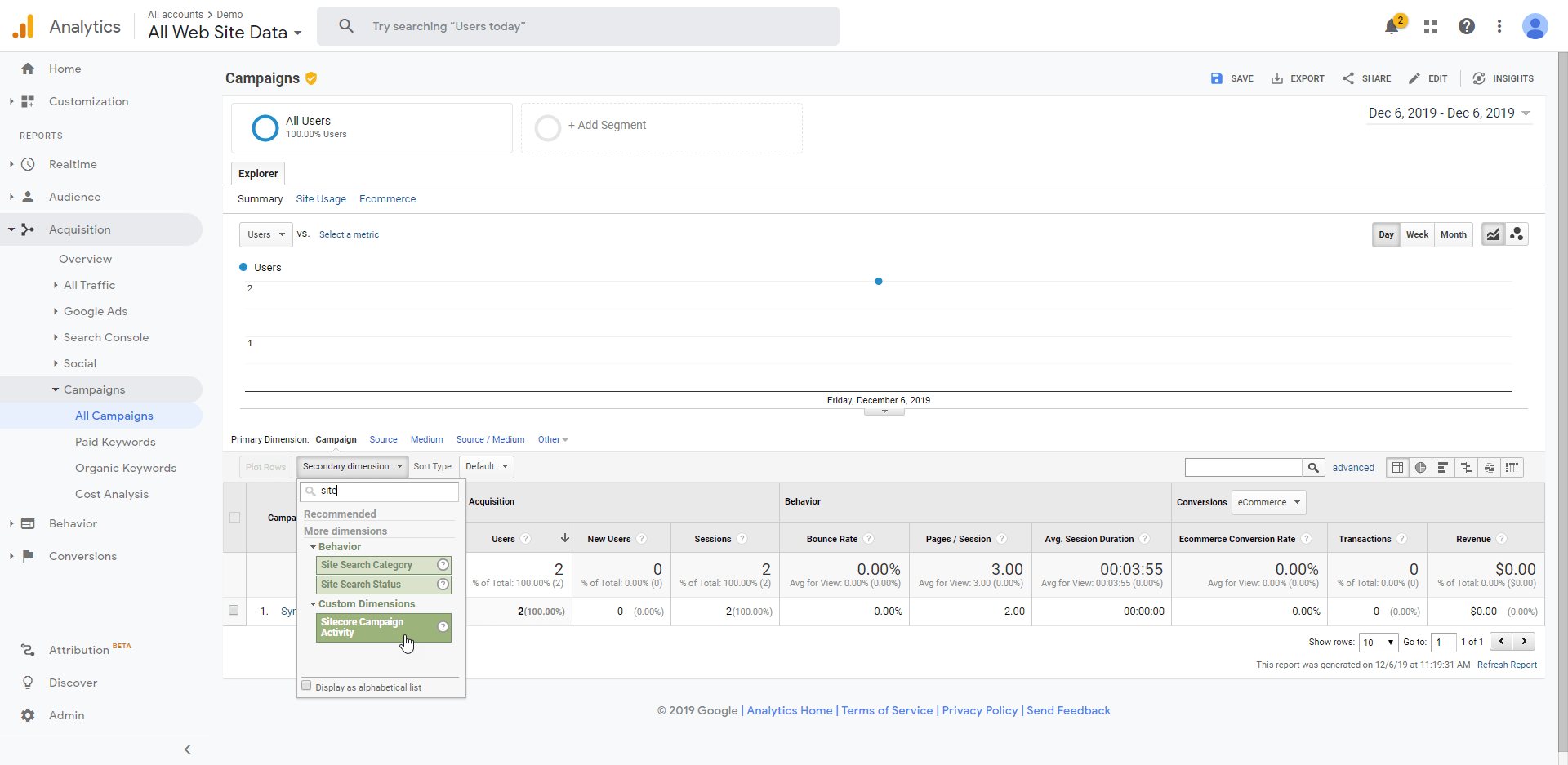 GA custom dimension Sitecore Campaign Activity