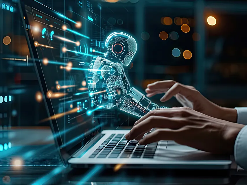 Hands typing fast on a keyboard assisted by holographic robot