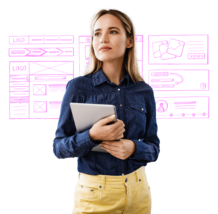 Visual designer with a wireframe in the back